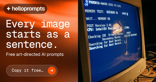 Social ad for HelloPrompts: "Every image starts as a sentence." Agentic glass style, bottom layout, dark palette in blue, orange, red.