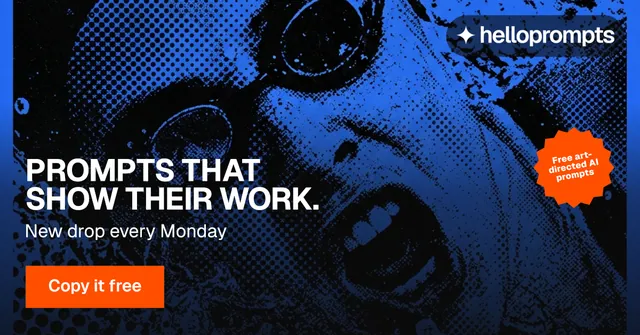 Social ad for HelloPrompts: "Prompts that show their work." Swiss style, sticker layout, dark palette in blue, black.