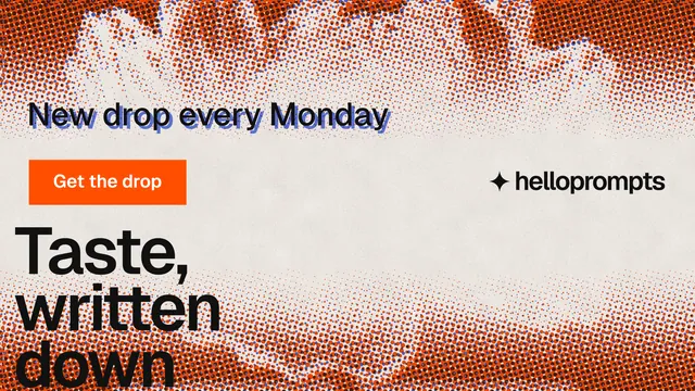 Landscape graphic for HelloPrompts: "Say it like an art director." Swiss style, oversized layout, light palette in red, orange.