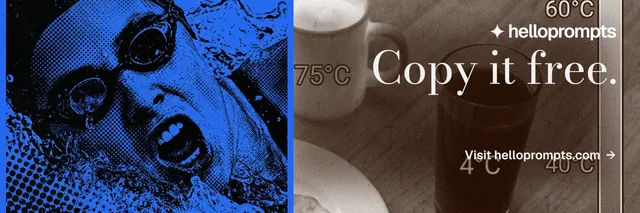 X header for HelloPrompts: "Copy it free." Minimal luxury style, right layout, dark palette in black, blue, grey.