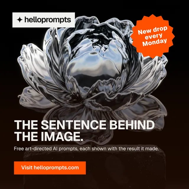 Instagram post for HelloPrompts: "The sentence behind the image." Swiss style, sticker layout, dark palette in orange, grey, black.