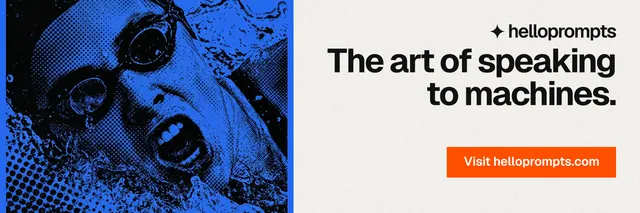 X header for HelloPrompts: "The art of speaking to machines." Swiss style, right layout, light palette in blue, white, grey.