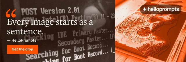 X header for HelloPrompts: "Copy it free." Swiss style, quote layout, dark palette in orange, brown.