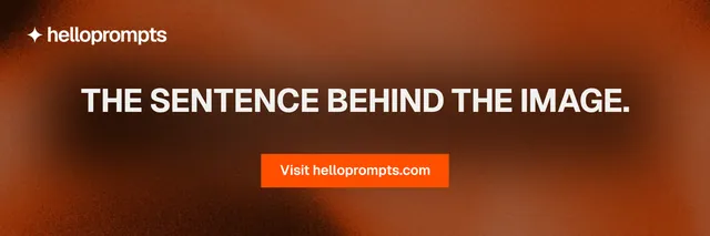 X header for HelloPrompts: "The sentence behind the image." Swiss style, centred layout, dark palette in orange, brown.
