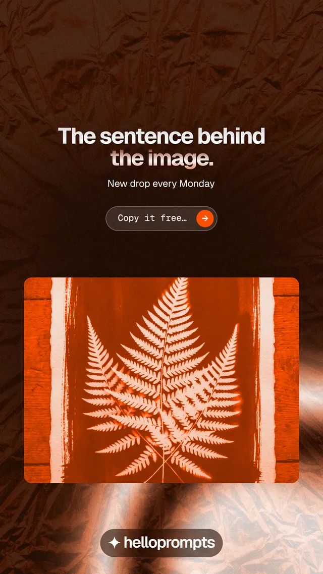 Instagram story for HelloPrompts: "The sentence behind the image." Agentic glass style, centred layout, dark palette in orange, black.