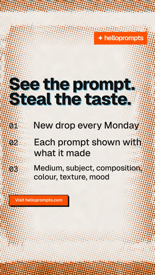 Instagram story for HelloPrompts: "See the prompt. Steal the taste." Brutalist style, numbered layout, light palette in orange, brown, white.