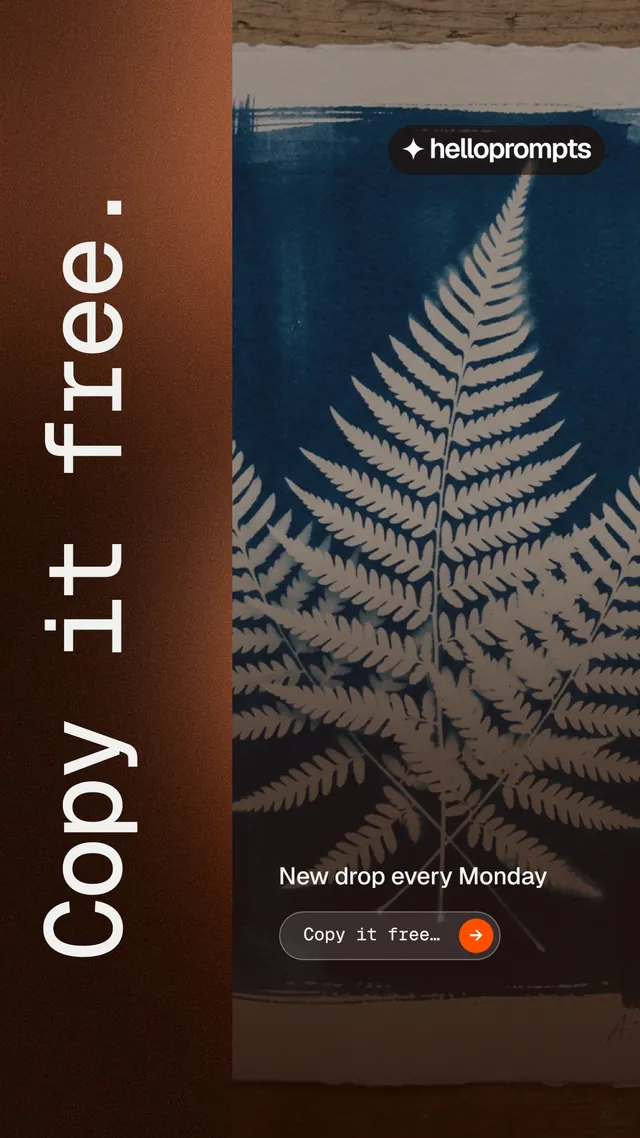 Instagram story for HelloPrompts: "Copy it free." Agentic glass style, vertical layout, dark palette in orange, black, grey.