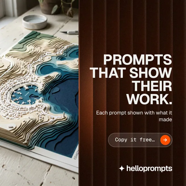 Instagram post for HelloPrompts: "Prompts that show their work." Agentic glass style, right layout, dark palette in grey, black, orange.