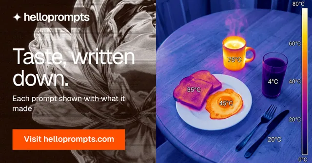 Social ad for HelloPrompts: "Taste, written down." Swiss style, bottom layout, dark palette in blue, grey, pink.