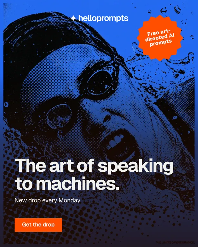 Instagram portrait post for HelloPrompts: "The art of speaking to machines." Swiss style, sticker layout, dark palette in purple, black, blue.