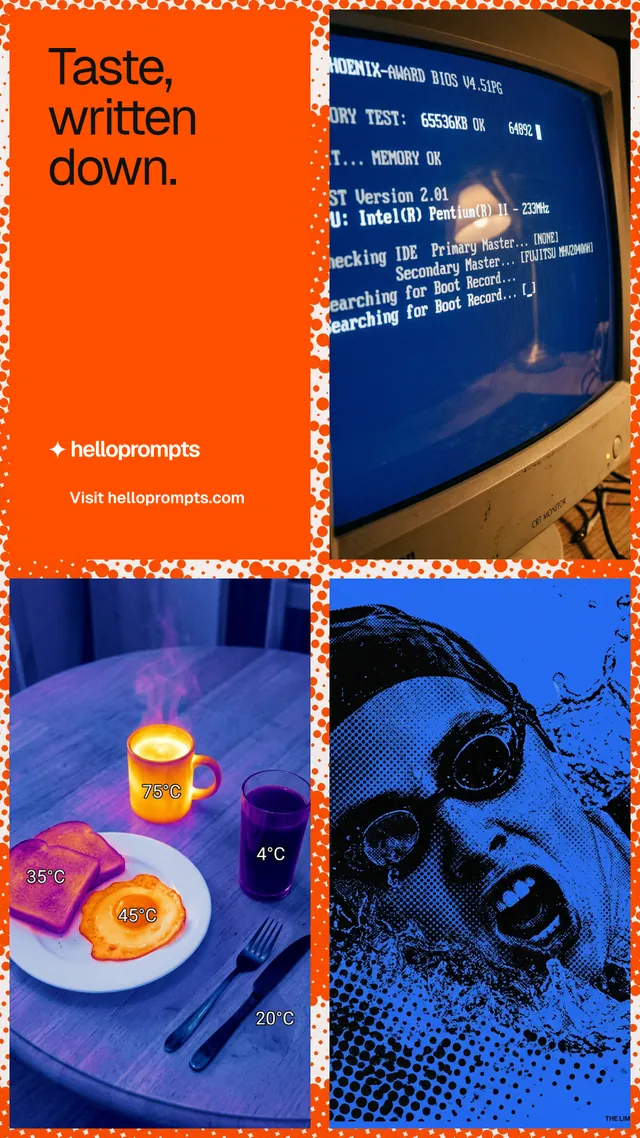Instagram story for HelloPrompts: "Taste, written down." Swiss style, collage layout, dark palette in red, blue.