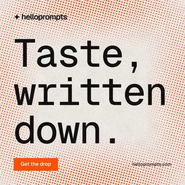 Instagram post for HelloPrompts: "Taste, written down." Swiss style, poster layout, light palette in orange, grey.