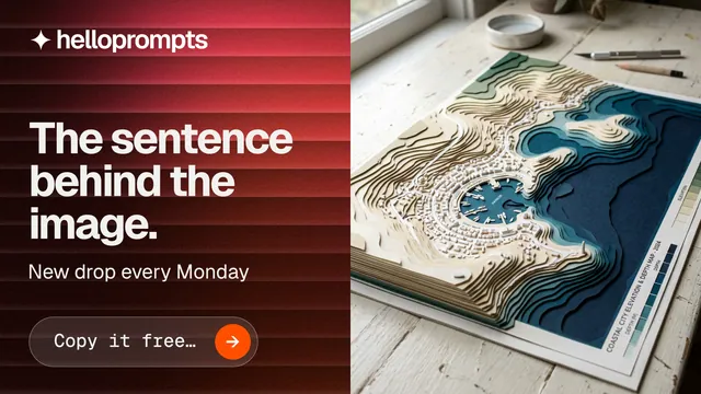 Landscape graphic for HelloPrompts: "The sentence behind the image." Agentic glass style, bottom layout, dark palette in black, red, grey.