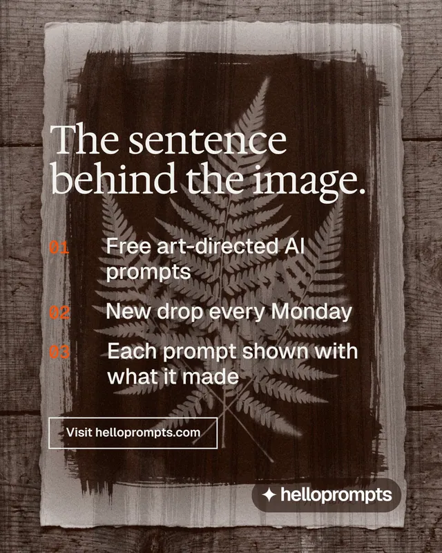 Instagram portrait post for HelloPrompts: "The sentence behind the image." Editorial style, numbered layout, dark palette in black, orange, grey.