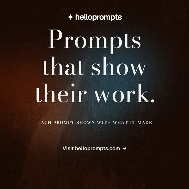 Instagram post for HelloPrompts: "Prompts that show their work." Minimal luxury style, smallcaps layout, dark palette in black, grey.