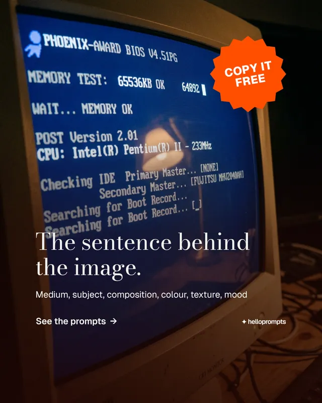 Instagram portrait post for HelloPrompts: "The sentence behind the image." Minimal luxury style, sticker layout, dark palette in blue, red, grey.