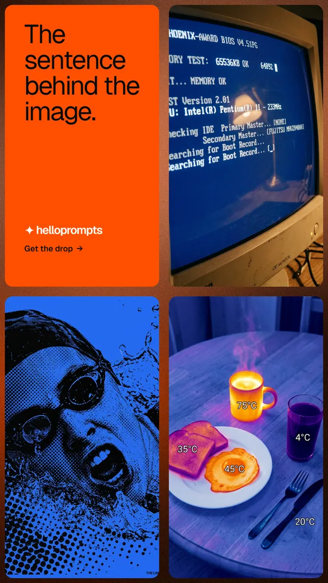 Instagram story for HelloPrompts: "The sentence behind the image." Agentic glass style, collage layout, dark palette in blue, red.