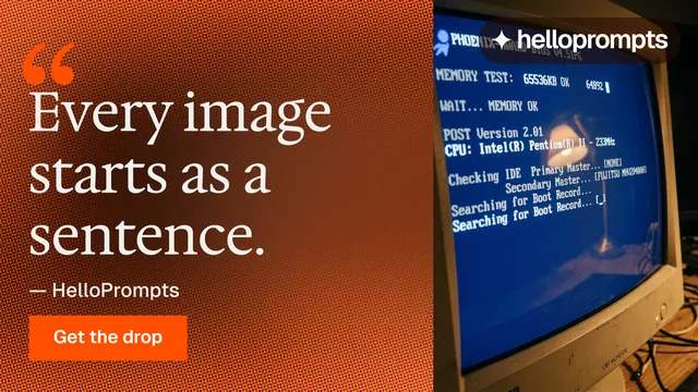 Landscape graphic for HelloPrompts: "Copy it free." Swiss style, quote layout, dark palette in orange, blue, grey.