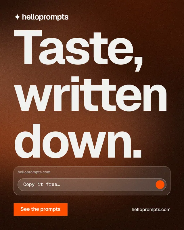 Instagram portrait post for HelloPrompts: "Taste, written down." Swiss style, poster layout, dark palette in orange, black.