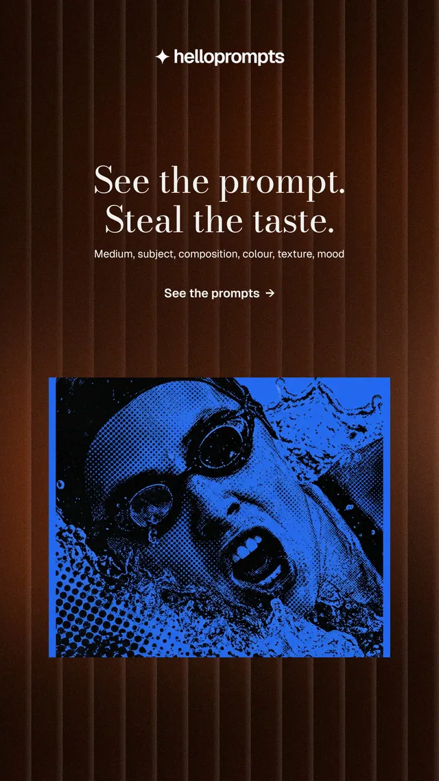 Instagram story for HelloPrompts: "See the prompt. Steal the taste." Minimal luxury style, centred layout, dark palette in red, blue, black.