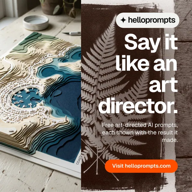Instagram post for HelloPrompts: "Say it like an art director." Photo poster style, right layout, light palette in orange, black, grey.
