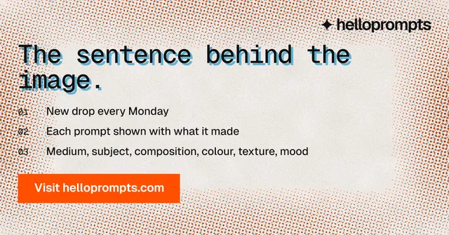 Social ad for HelloPrompts: "The sentence behind the image." Swiss style, numbered layout, light palette in orange.