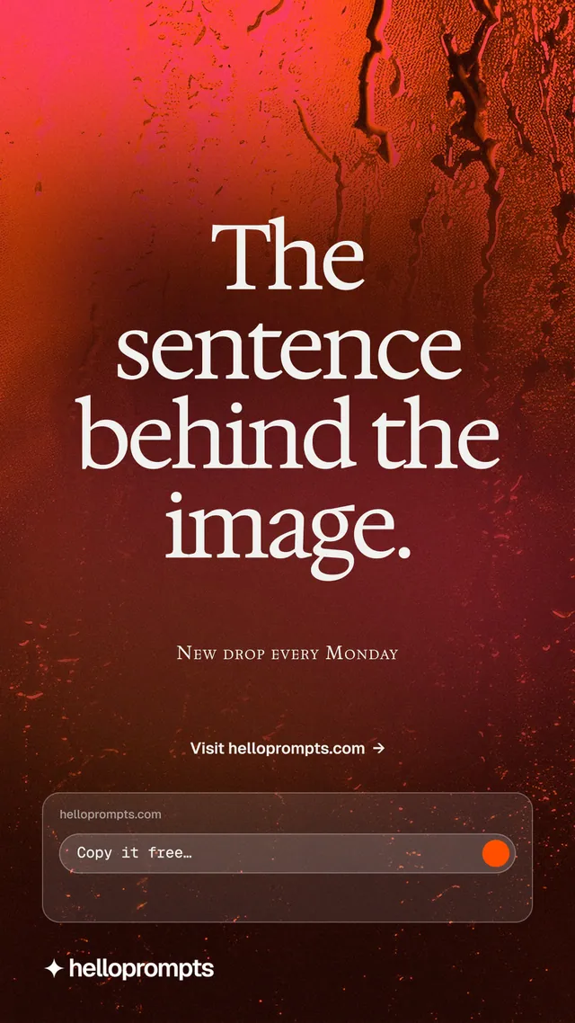 Instagram story for HelloPrompts: "The sentence behind the image." Swiss style, smallcaps layout, dark palette in red.