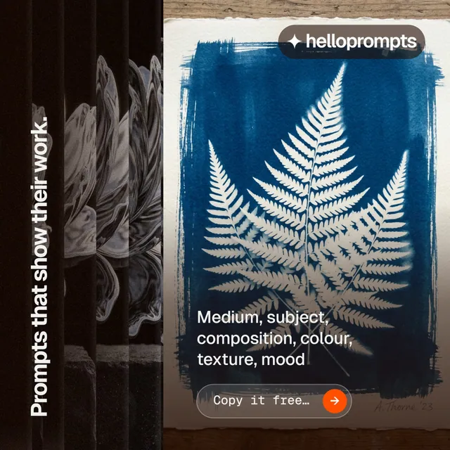 Instagram post for HelloPrompts: "Prompts that show their work." Agentic glass style, vertical layout, dark palette in black, blue, grey.