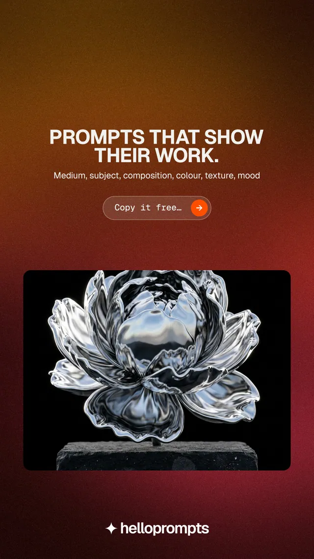 Instagram story for HelloPrompts: "Prompts that show their work." Agentic glass style, centred layout, dark palette in black, orange, red.