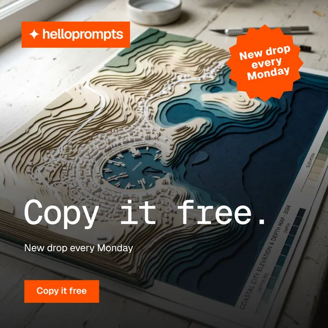 Instagram post for HelloPrompts: "Copy it free." Swiss style, sticker layout, dark palette in grey, black, orange.