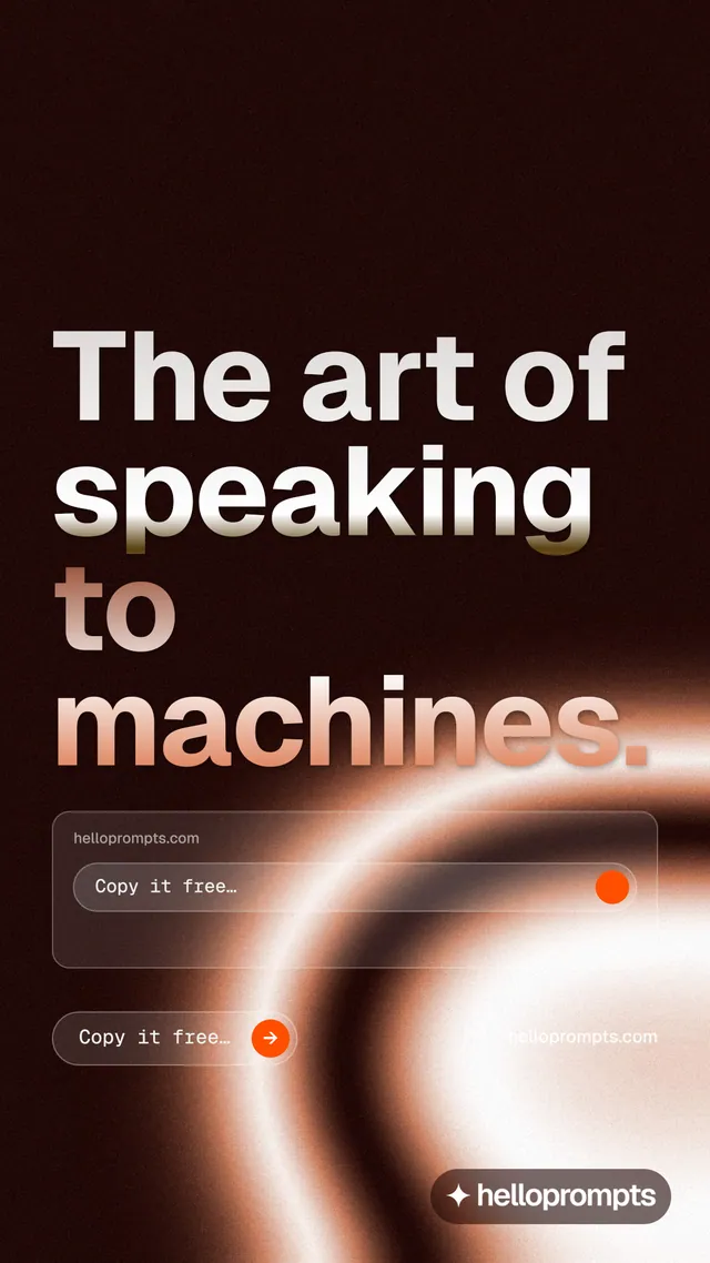 Instagram story for HelloPrompts: "The art of speaking to machines." Agentic glass style, poster layout, dark palette in black, orange, red.