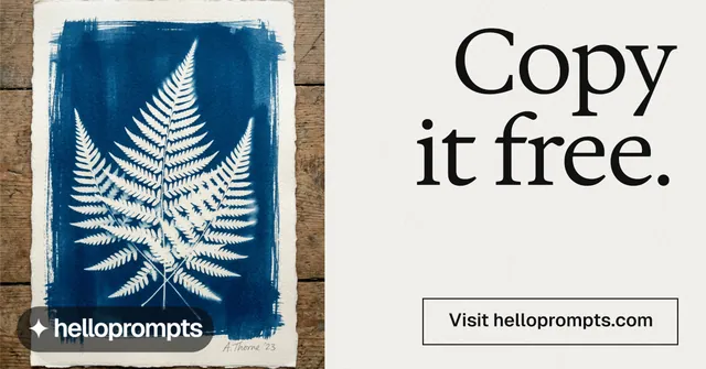 Social ad for HelloPrompts: "Copy it free." Editorial style, right layout, light palette in white, blue, grey.