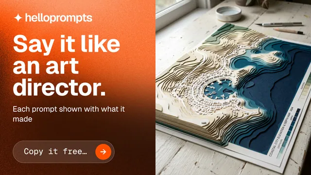 Landscape graphic for HelloPrompts: "Say it like an art director." Agentic glass style, bottom layout, light palette in orange, brown.