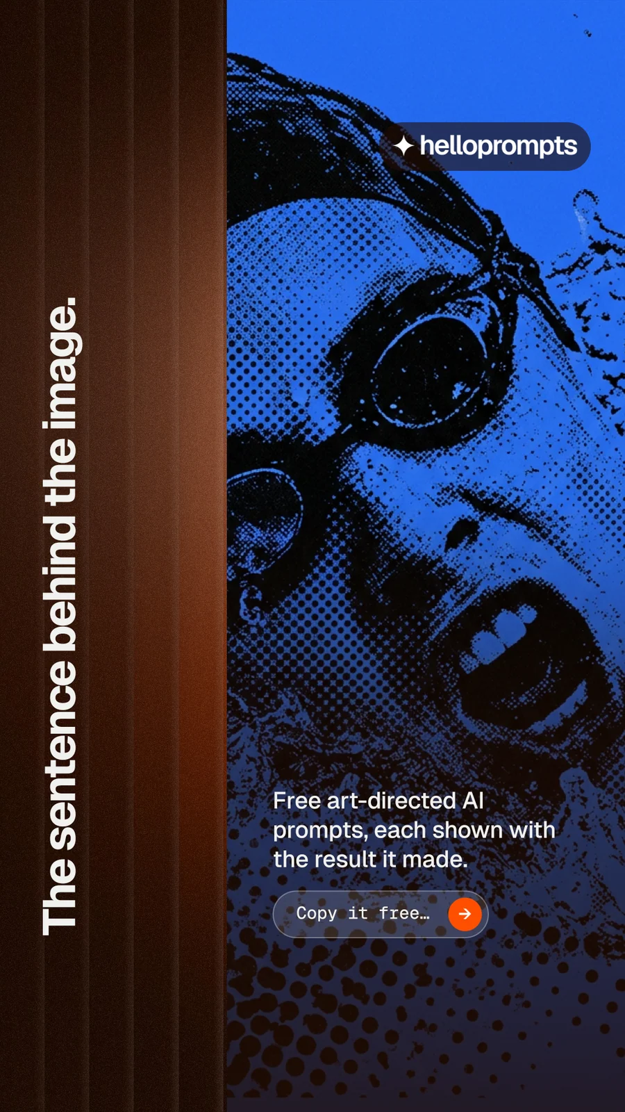 Instagram story for HelloPrompts: "The sentence behind the image." Agentic glass style, vertical layout, dark palette in black, blue.