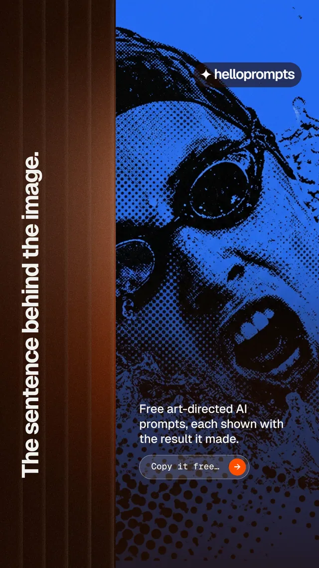 Instagram story for HelloPrompts: "The sentence behind the image." Agentic glass style, vertical layout, dark palette in black, blue.