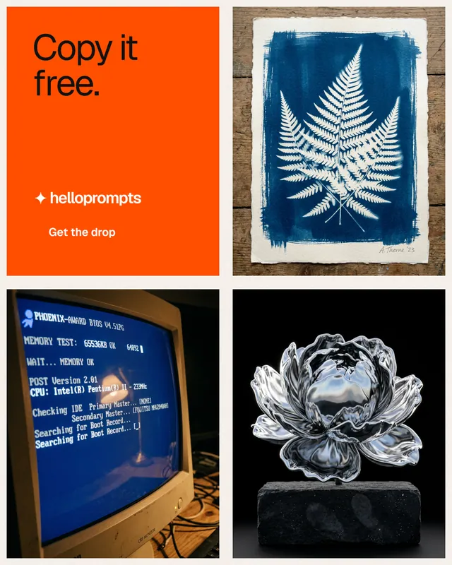 Instagram portrait post for HelloPrompts: "Copy it free." Swiss style, collage layout, dark palette in black, orange, grey.