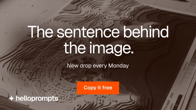 Landscape graphic for HelloPrompts: "The sentence behind the image." Swiss style, centred layout, dark palette in black, grey, orange.