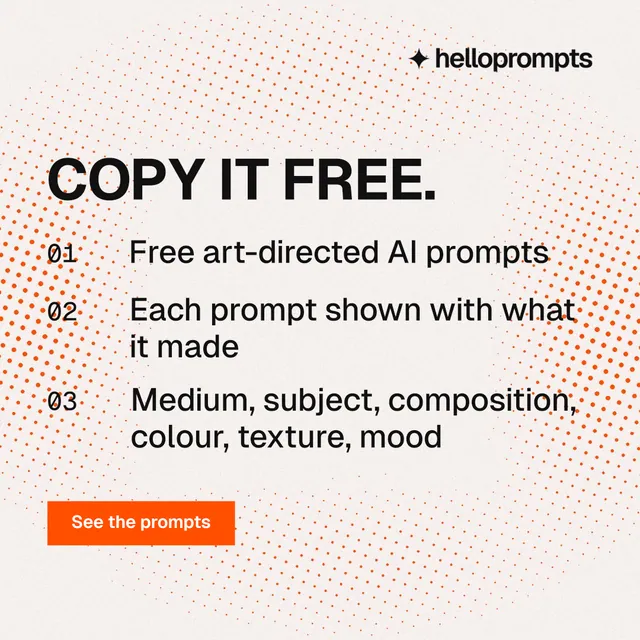 Instagram post for HelloPrompts: "Copy it free." Swiss style, numbered layout, light palette in white, orange.