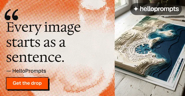 Social ad for HelloPrompts: "Say it like an art director." Brutalist style, quote layout, light palette in orange.