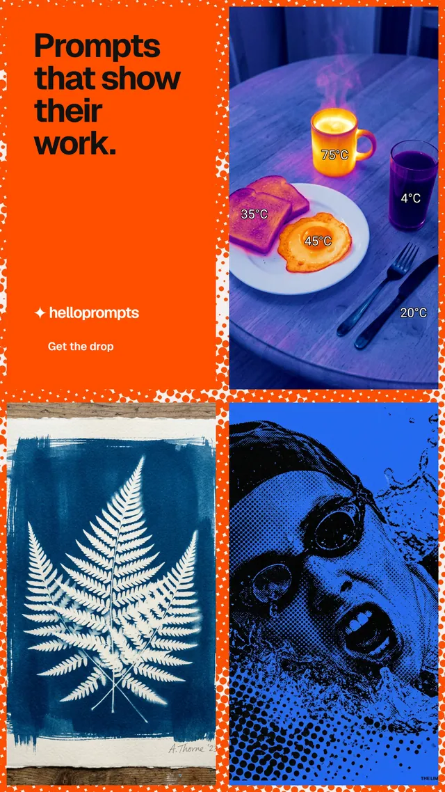 Instagram story for HelloPrompts: "Prompts that show their work." Swiss style, collage layout, dark palette in red, blue, grey.