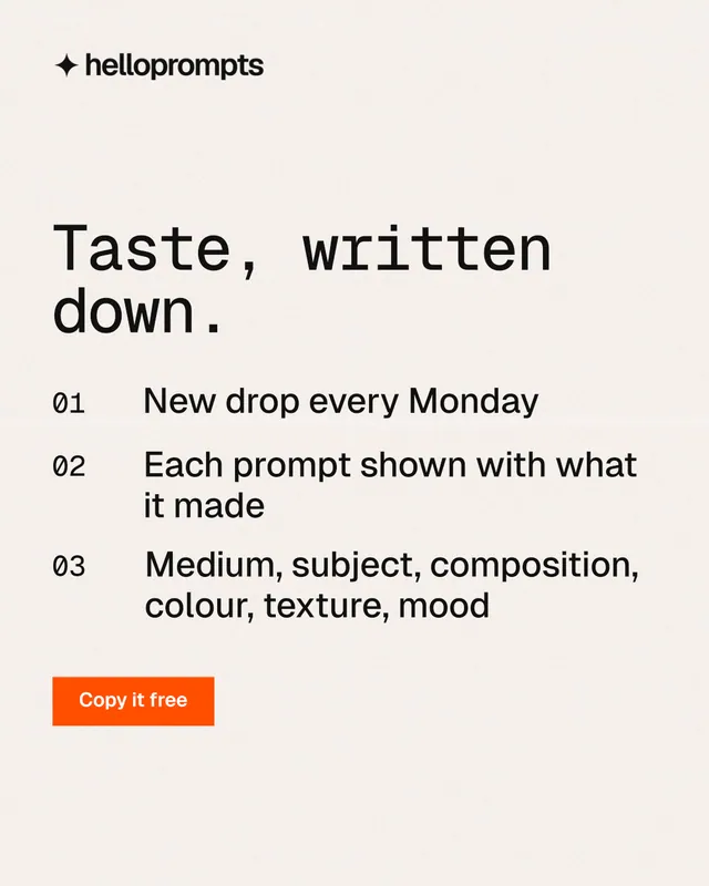 Instagram portrait post for HelloPrompts: "Taste, written down." Swiss style, numbered layout, light palette in white, orange.