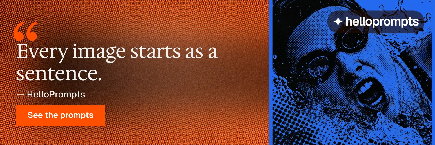X header for HelloPrompts: "Prompts that show their work." Swiss style, quote layout, dark palette in orange, blue, red.