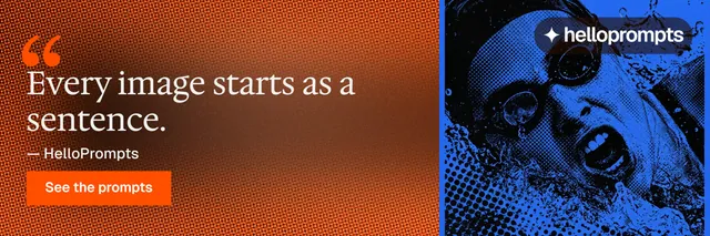 X header for HelloPrompts: "Prompts that show their work." Swiss style, quote layout, dark palette in orange, blue, red.