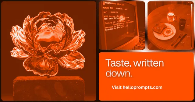Social ad for HelloPrompts: "Taste, written down." Y2K style, collage layout, dark palette in orange.