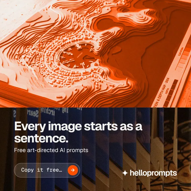 Instagram post for HelloPrompts: "Every image starts as a sentence." Agentic glass style, bottom layout, dark palette in black, orange, brown.