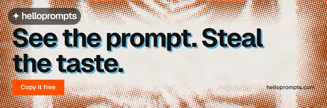 X header for HelloPrompts: "See the prompt. Steal the taste." Swiss style, poster layout, light palette in brown, orange.