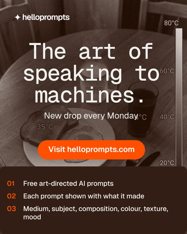 Instagram portrait post for HelloPrompts: "The art of speaking to machines." Photo poster style, skeleton layout, dark palette in orange, grey, black.