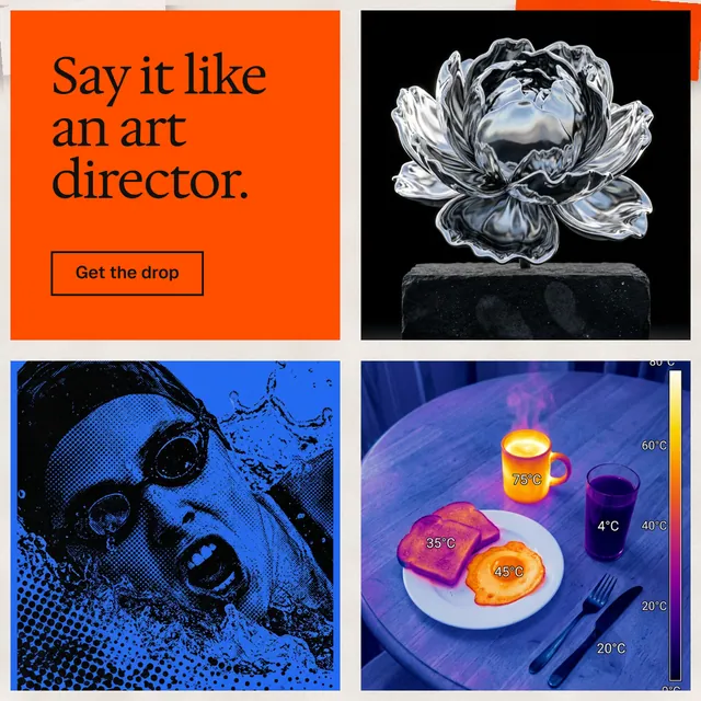 Instagram post for HelloPrompts: "Say it like an art director." Editorial style, collage layout, dark palette in black, blue, red.