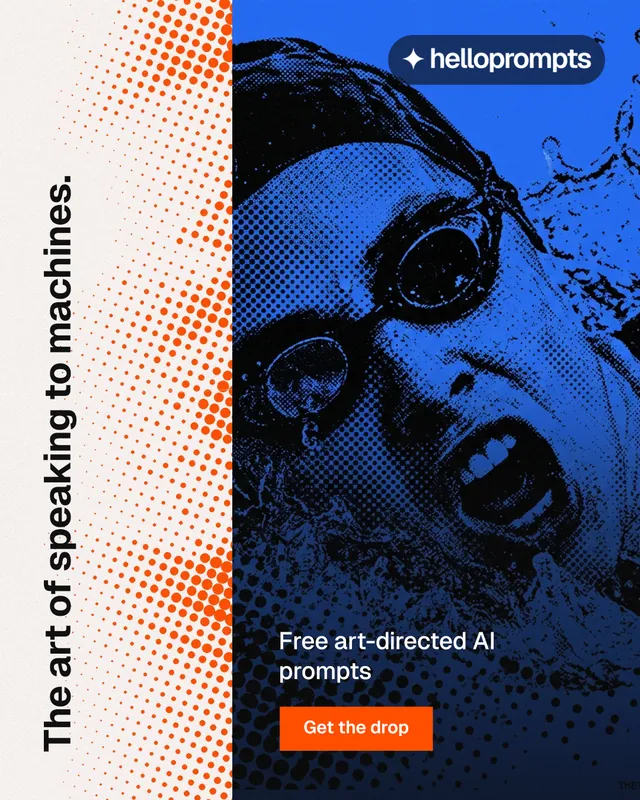 Instagram portrait post for HelloPrompts: "The art of speaking to machines." Swiss style, vertical layout, light palette in white, black, blue.