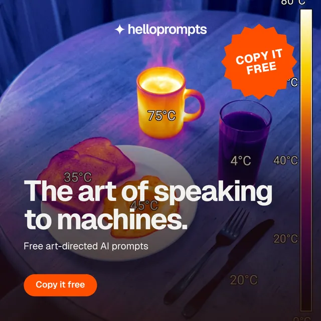 Instagram post for HelloPrompts: "The art of speaking to machines." Photo poster style, sticker layout, dark palette in blue, orange, purple.